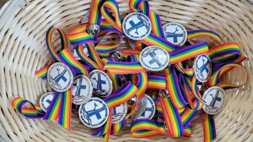 rainbow ribbons and church pins